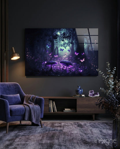 Purple-glowing mushrooms and butterflies forest scene glass wall art displayed above wooden media console in modern living room.