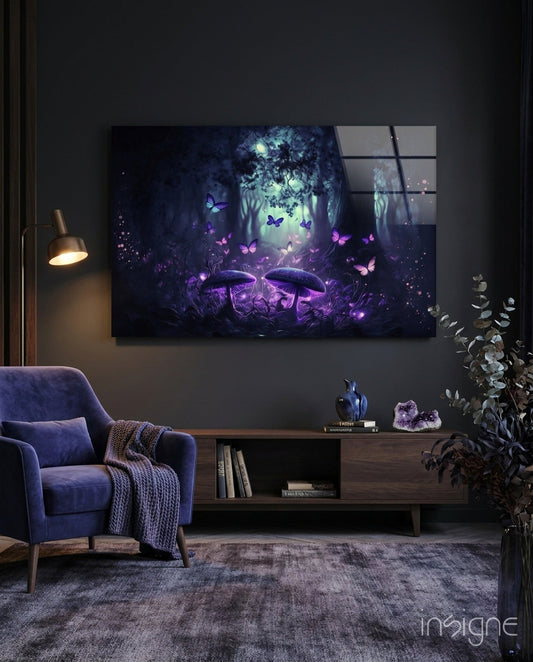 Purple-glowing mushrooms and butterflies forest scene glass wall art displayed above wooden media console in modern living room.