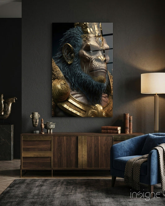 Blue-furred gorilla with gold armor displayed on dark wall above wooden dresser in modern interior setting.
