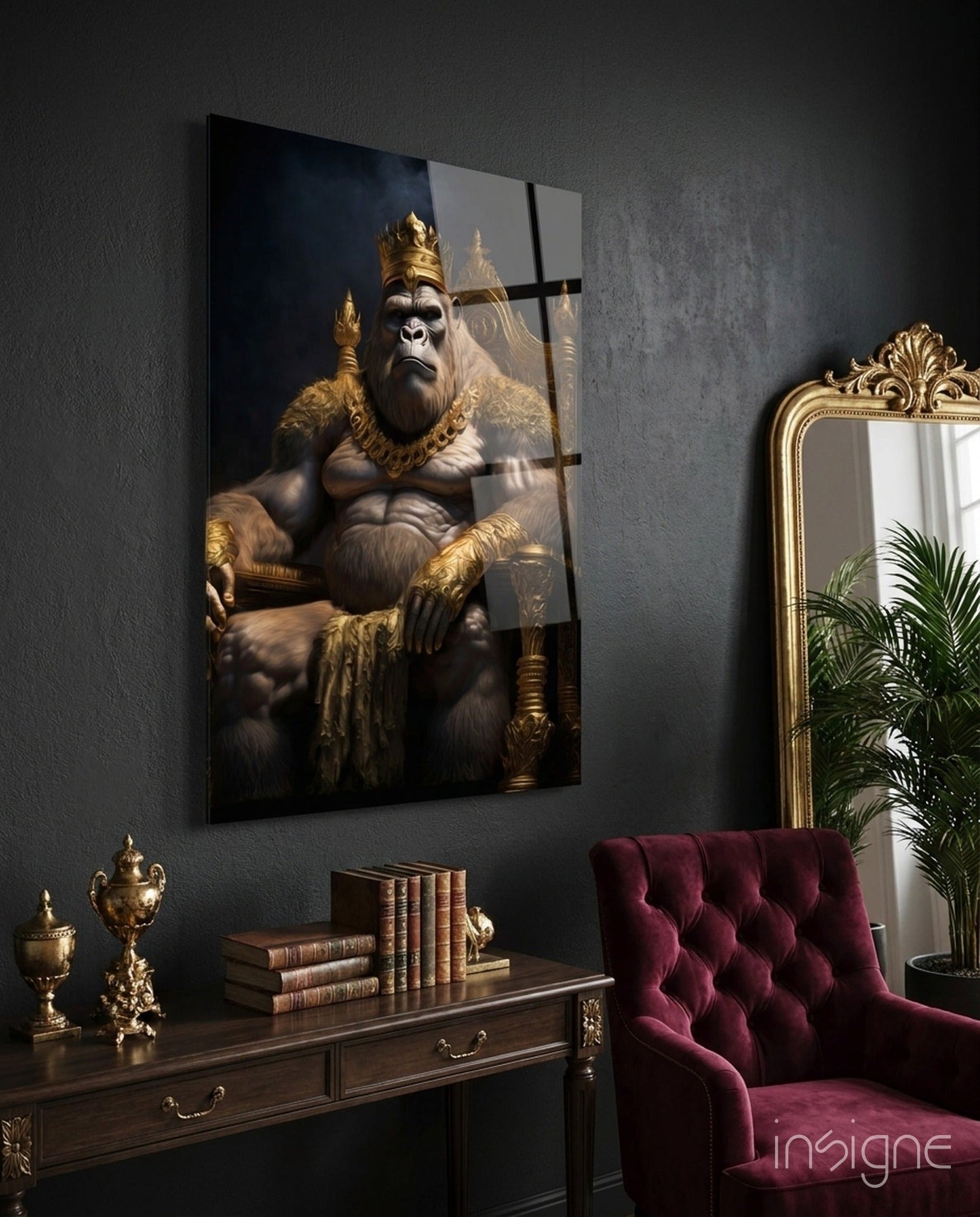 Gorilla King In Gold Robe On Throne Glass Wall Art