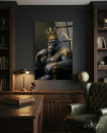 Crowned Gorilla On Golden Throne Glass Wall Art