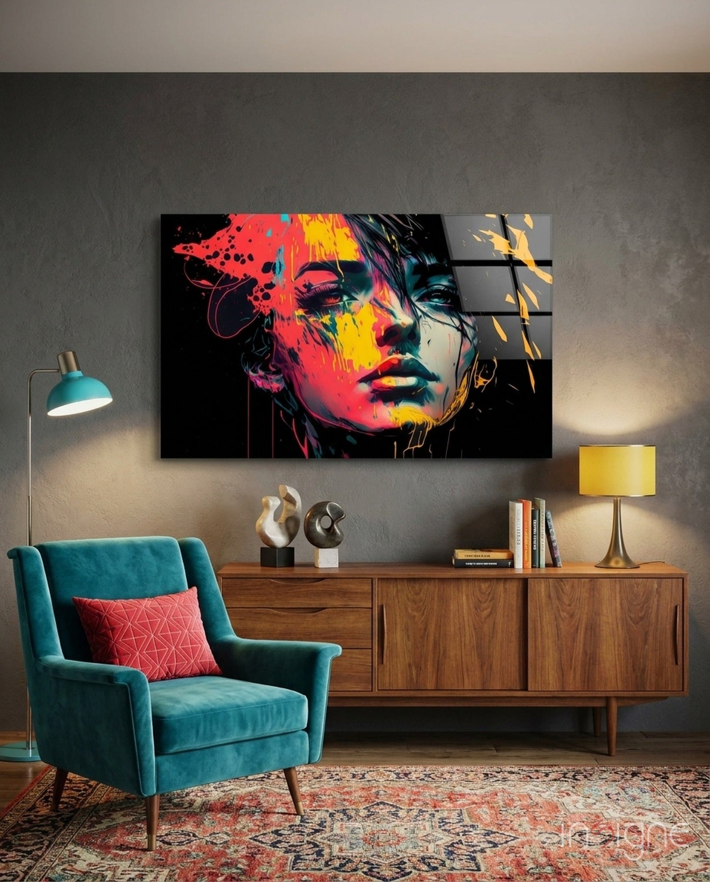 Neon Red Yellow Drip Face on Black Glass Wall Art