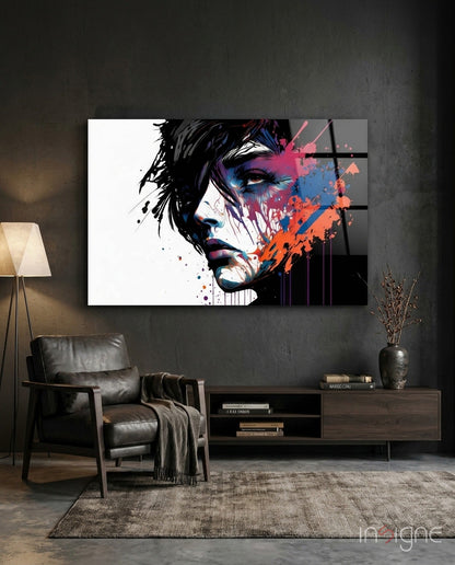 White Backdrop Splatter Woman Profile Glass Wall Art