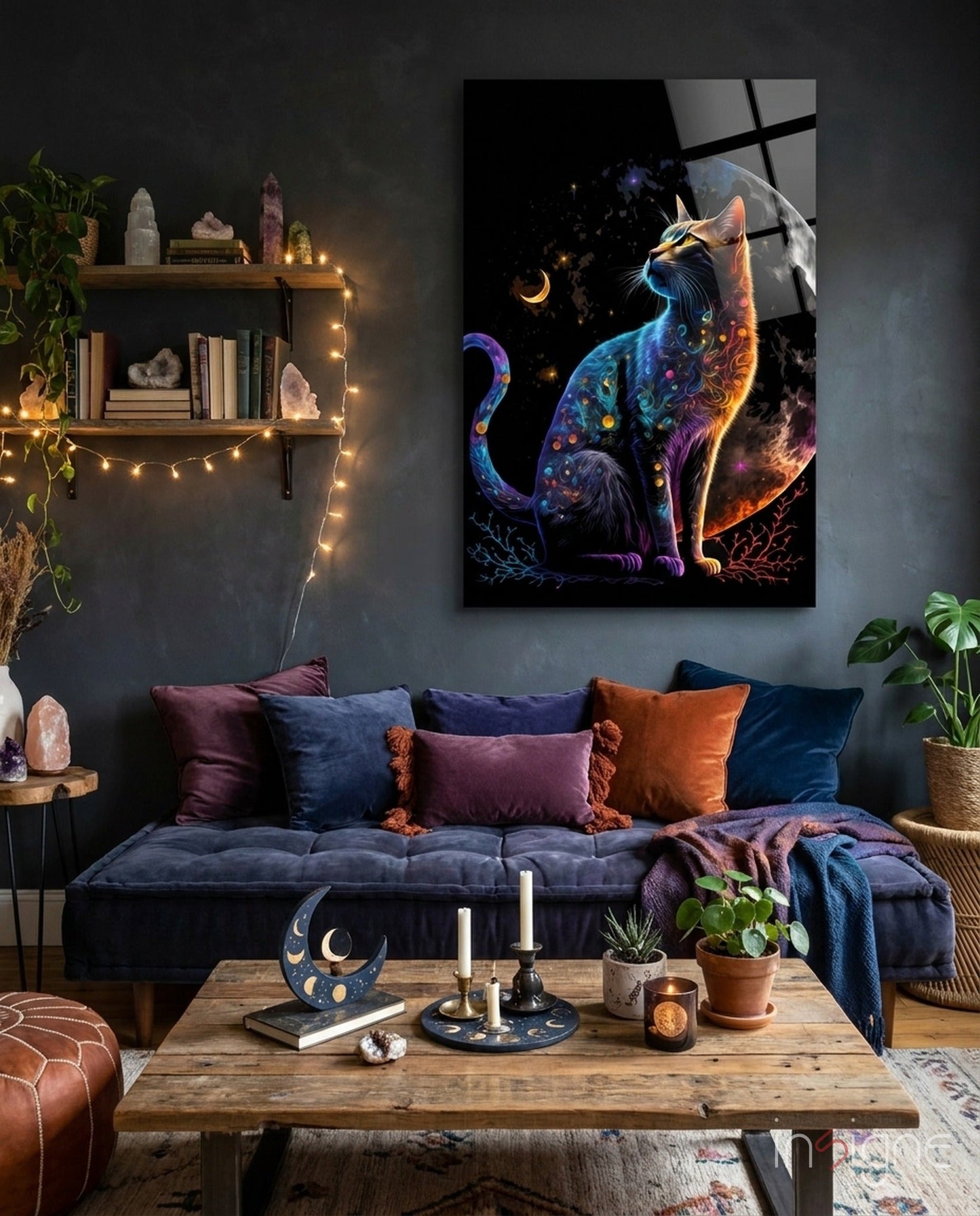 Jeweled Cat Under Crescent and Full Moon Glass Wall Art