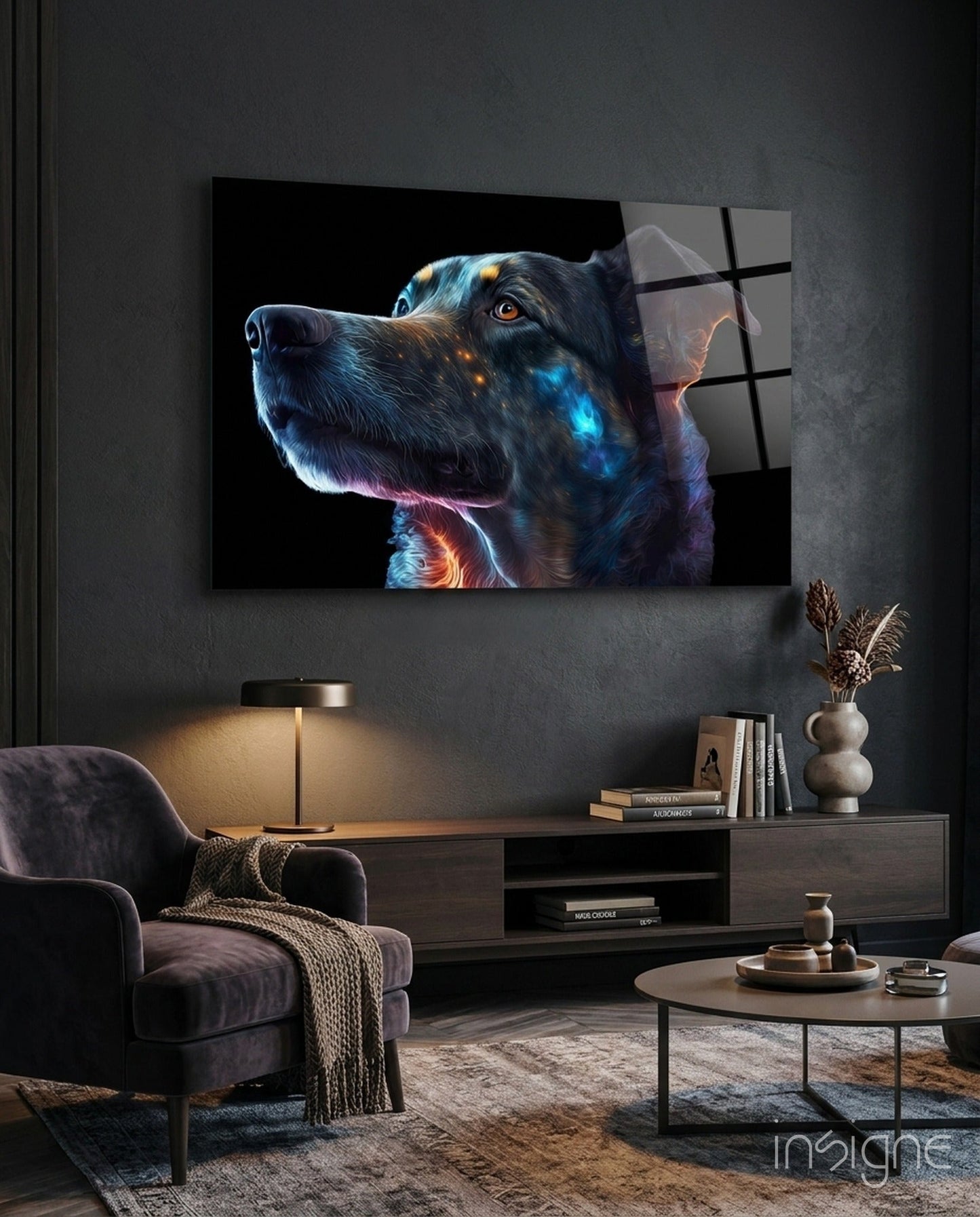 Golden Blue Glowing Dog Portrait Glass Wall Art