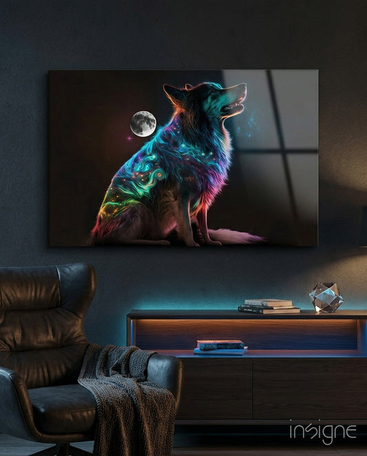 Neon glowing wolf artwork displayed on dark wall above console table with leather chair in foreground.
