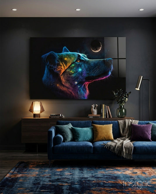 Neon dog profile glass wall art with glowing blue, orange, and purple colors displayed above a blue sofa in a dark modern living room.