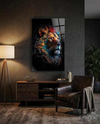 Copper Blue Swirling Mane Lion Glass Wall Art