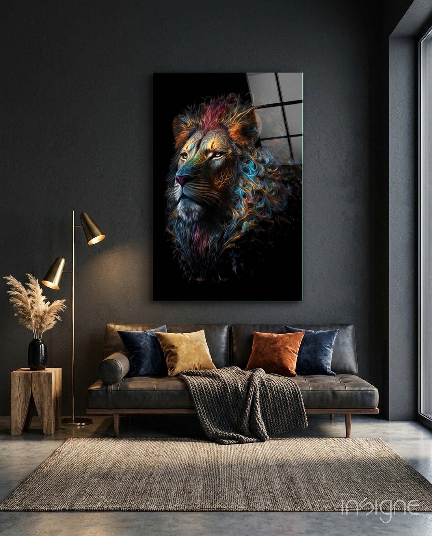 Jewel Tone Curly Mane Lion Portrait Glass Wall Art
