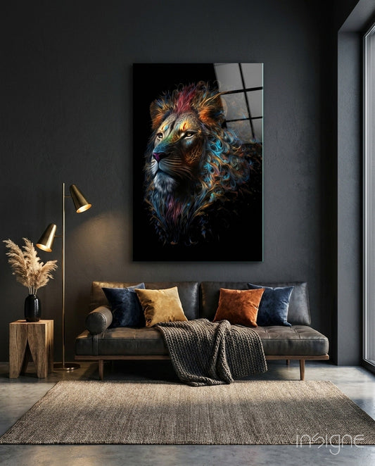 Colorful lion portrait with jewel-toned mane displayed above leather sofa in modern dark interior.