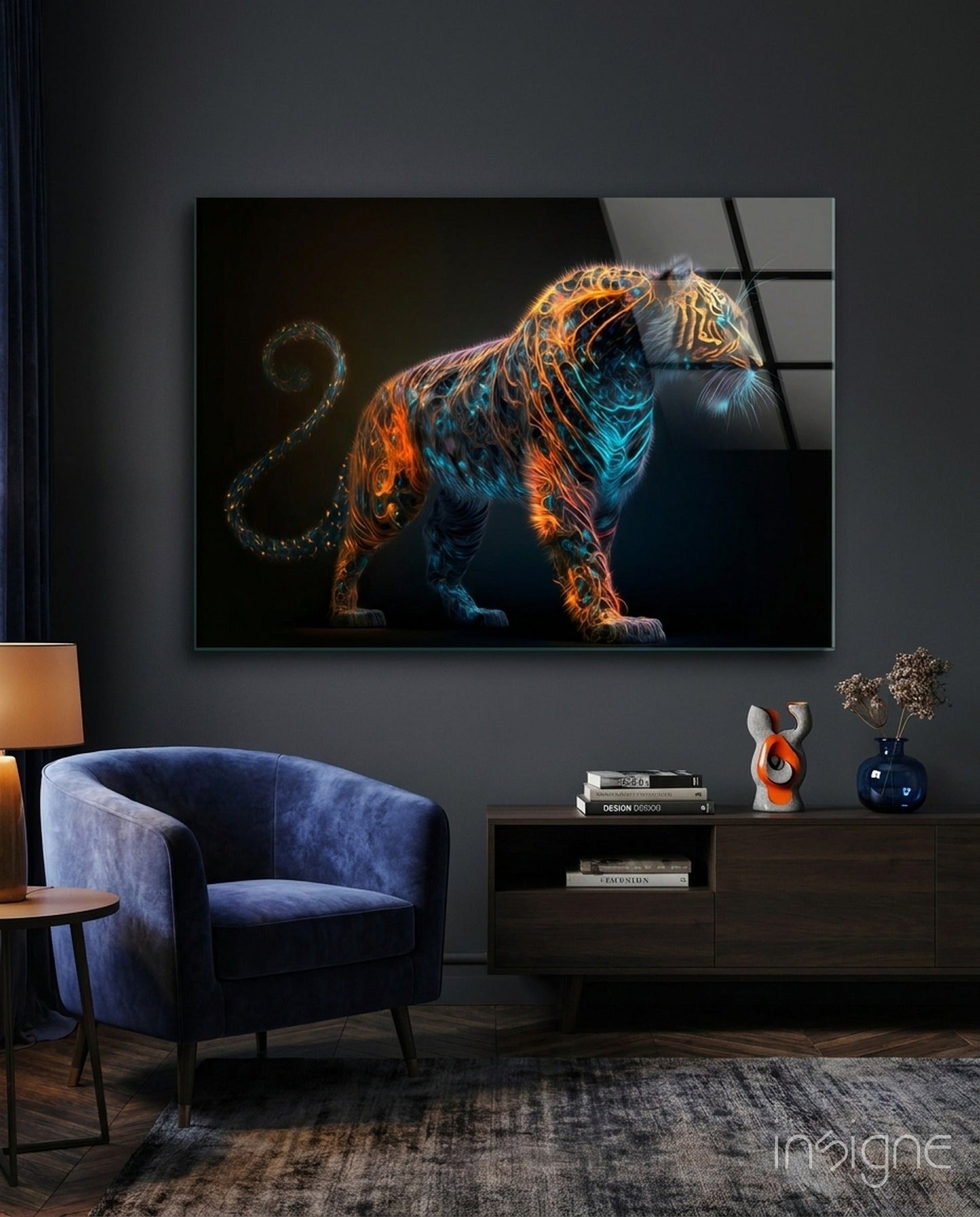 Copper Teal Standing Tiger Curl Tail Glass Wall Art