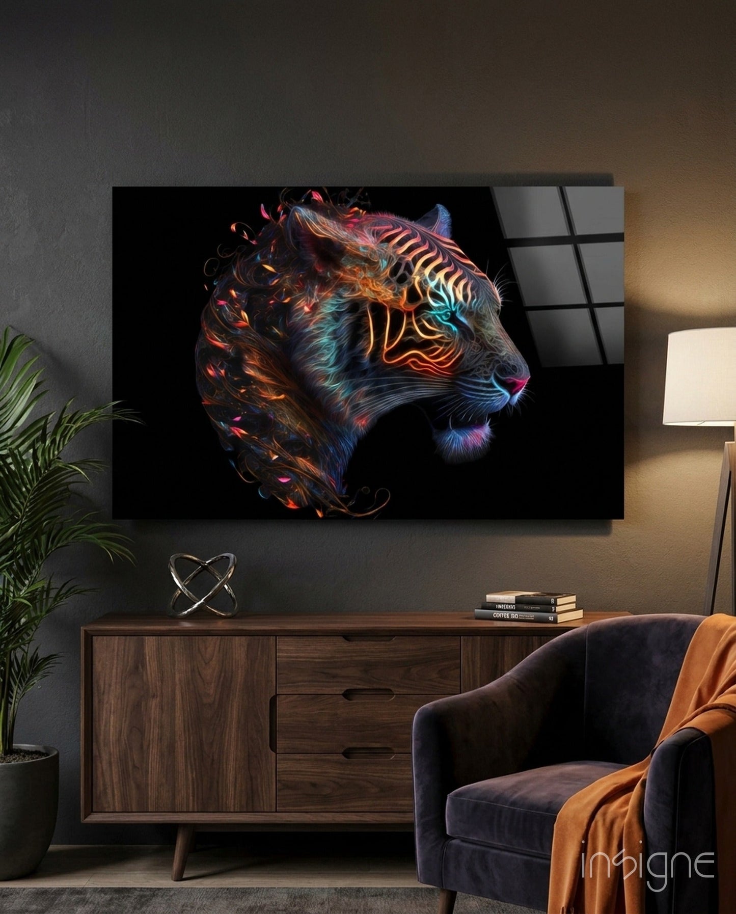 Fiery Swirl Leopard Head Profile Glass Wall Art