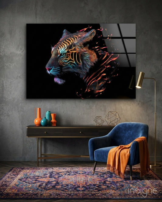 Neon outline tiger head wall art displayed above a black console table in a styled interior with blue chair and orange accents.