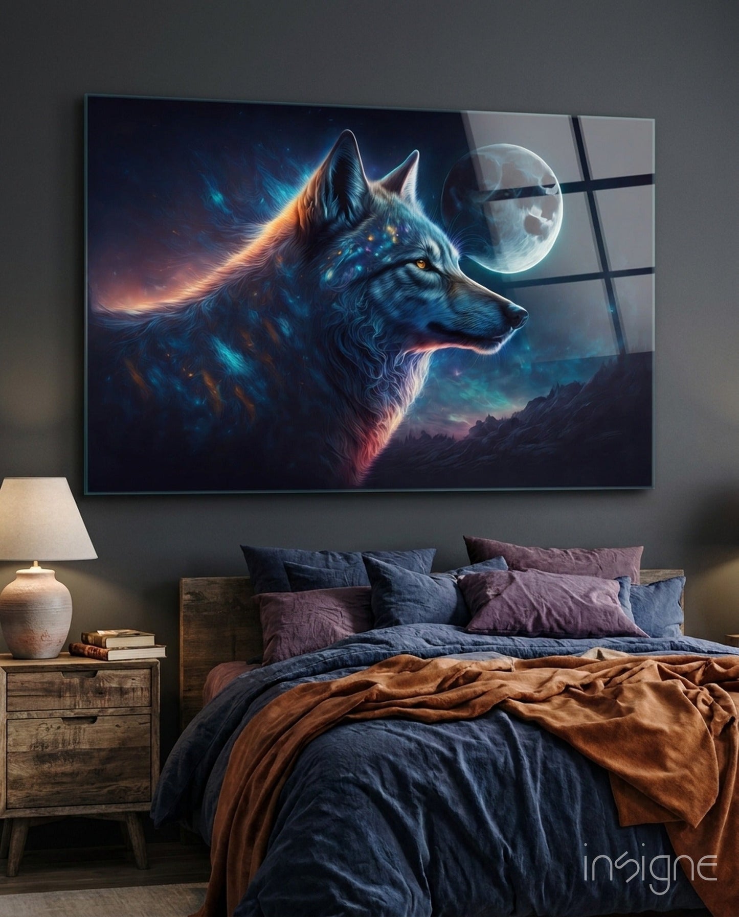 Blue Galaxy Wolf Profile Full Moon Glass Wall Art