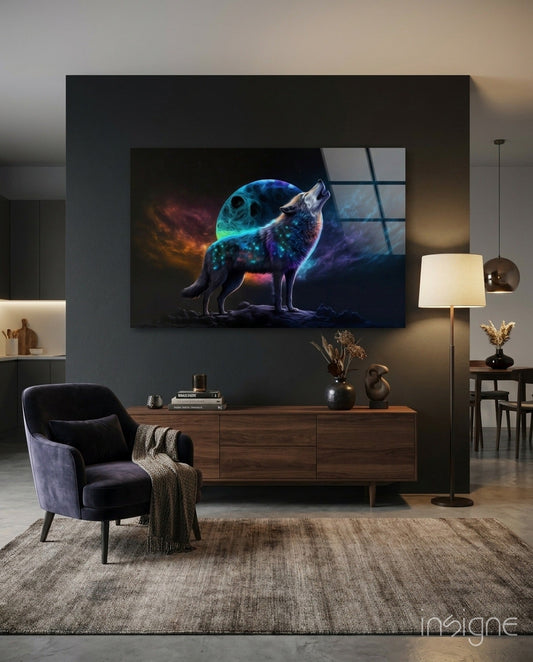 Neon wolf howling glass wall art displayed above wooden console in modern living room with dark walls and contemporary furniture.
