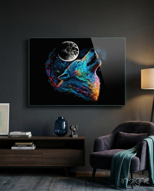 Rainbow howling wolf with moon displayed on wall-mounted glass panel above wooden console in modern living room interior.