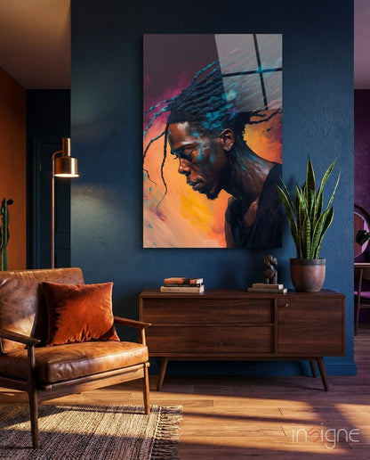 Braided Locs Man On Sunset Hues Glass Wall Art