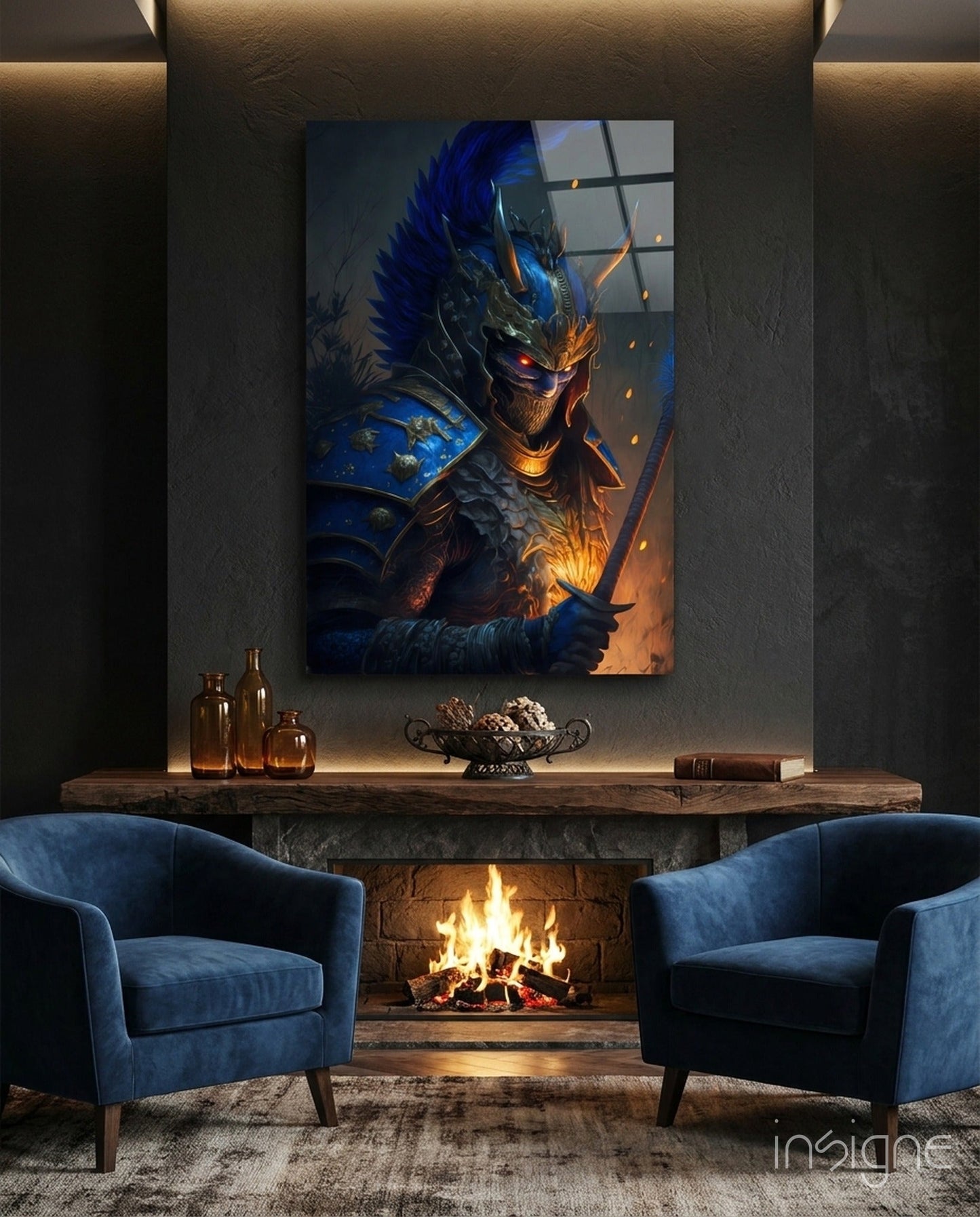 Master Warrior Glass Wall Art featuring a blue and gold armored figure with glowing eyes displayed above a fireplace between two blue chairs.