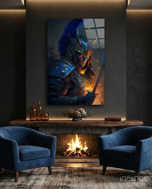Master Warrior Glass Wall Art featuring a blue and gold armored figure with glowing eyes displayed above a fireplace between two blue chairs.