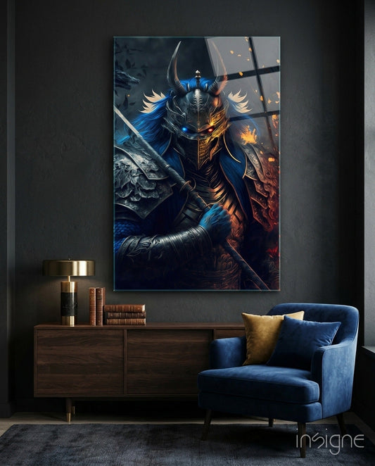 Lord Warrior Glass Wall Art mounted above wooden dresser in modern living room with blue chair, showing armored figure with horns, blue and gold lighting.