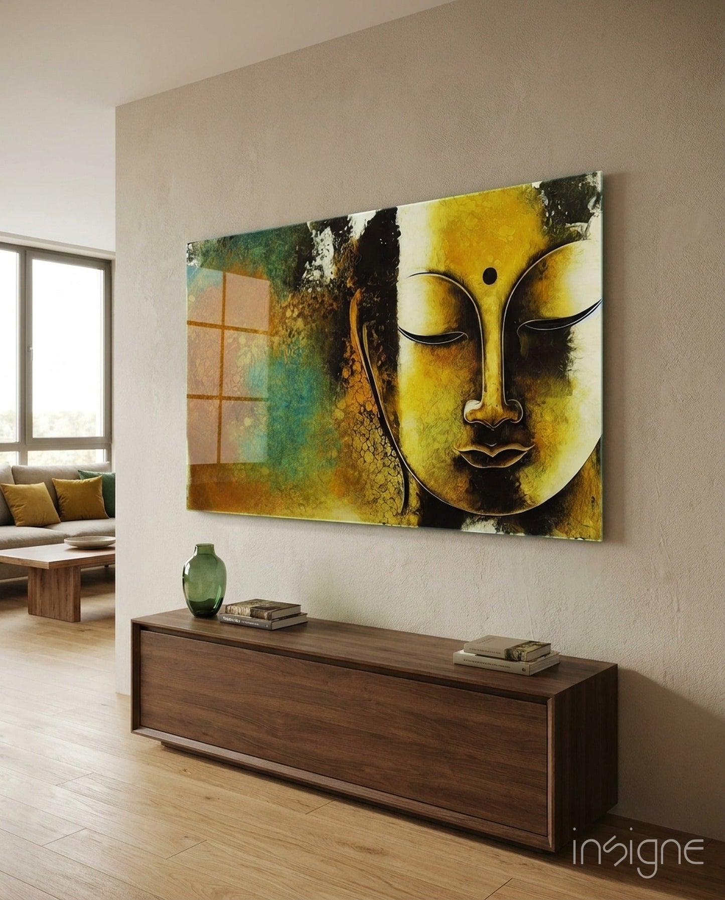 Golden Yellow Serene Buddha Face Glass Wall Art
