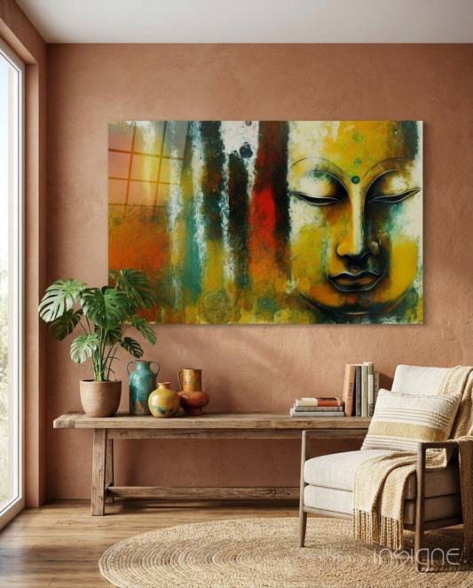 Buddha Face Teal and Rust Abstract Glass Wall Art displayed above wooden console in warm terracotta room with plants and decor.
