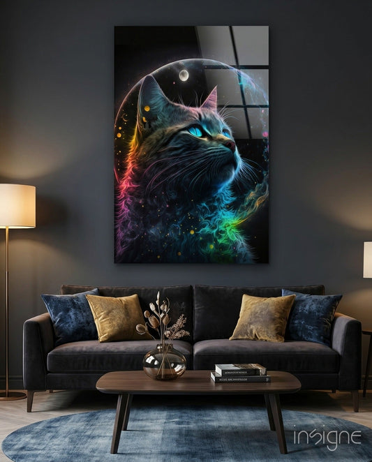 Neon cat portrait glass art displayed above black sofa in modern living room with gold and blue pillows.