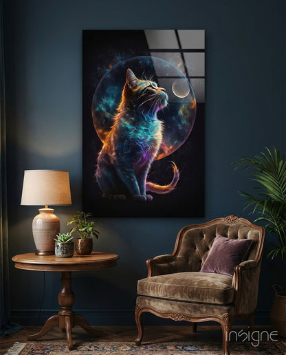 Nebula Fur Cat With Crescent Moon Glass Wall Art