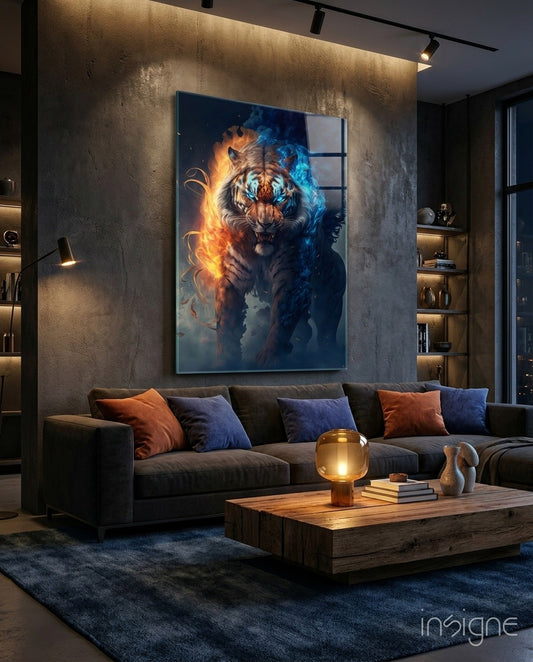 Modern living room with dark sofa displaying framed glass wall art of tiger with orange fire and blue ice effects.