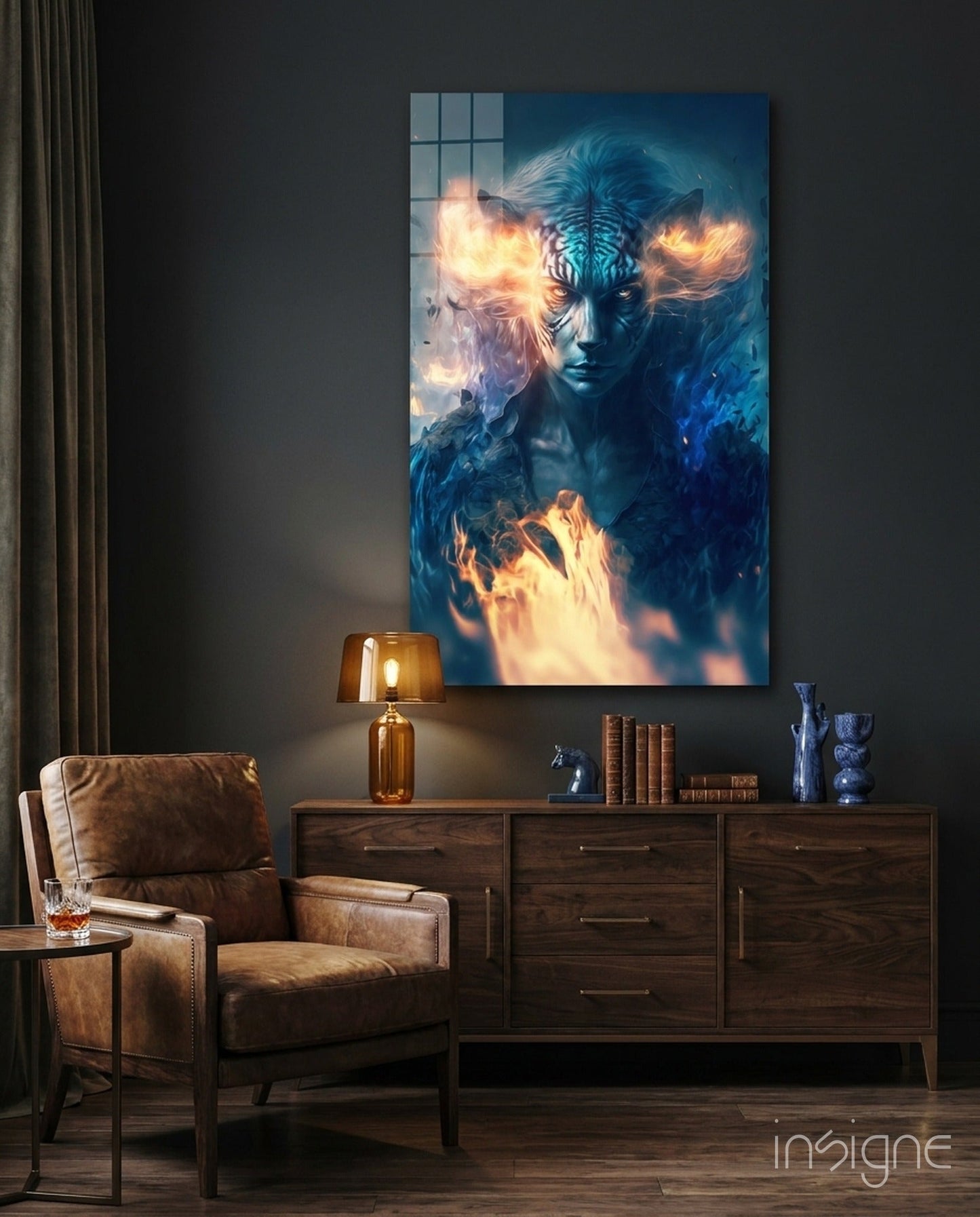 Epic Tiger Glass Wall Art displayed above a dark wood dresser in a styled living room with leather chair and amber lamp.