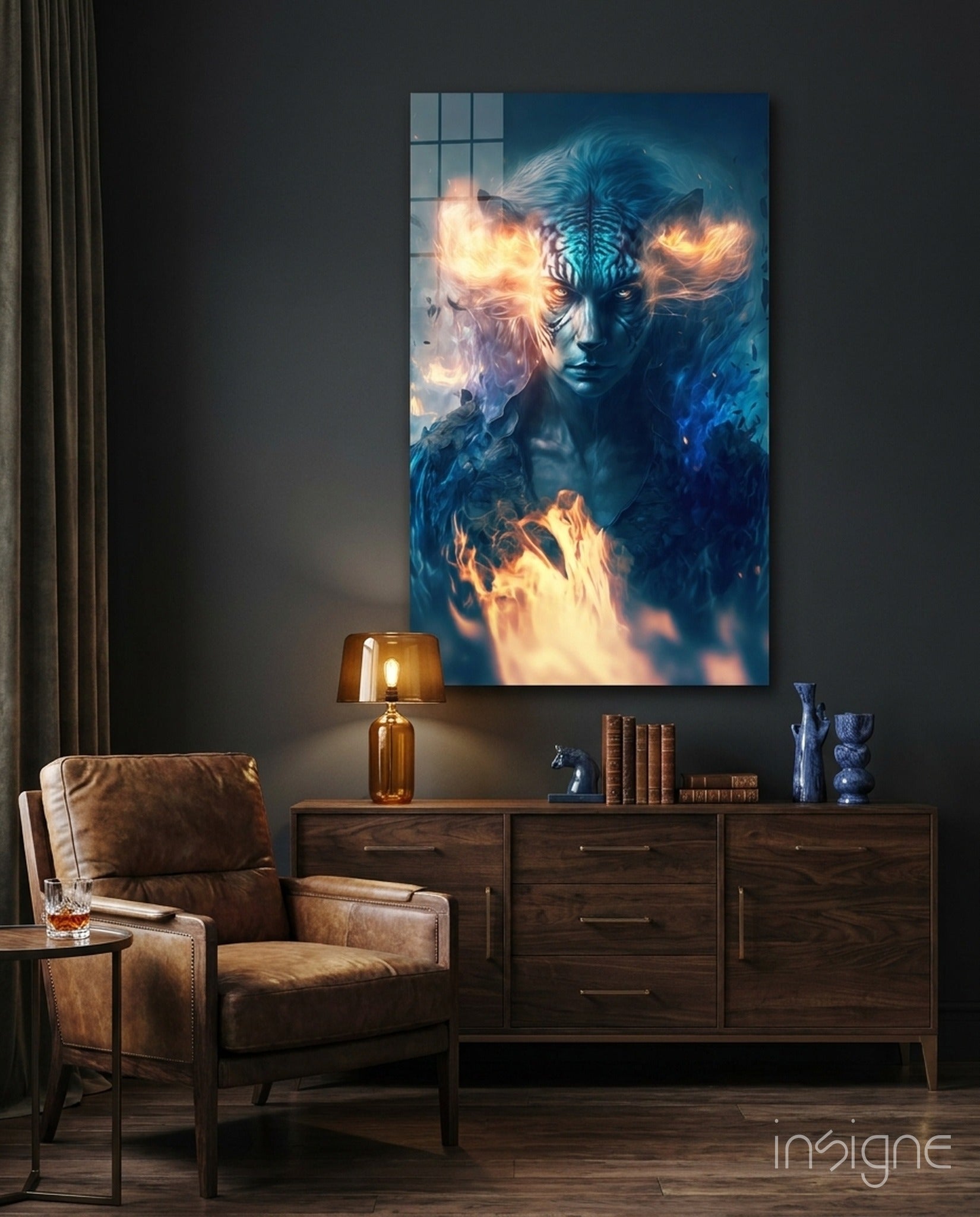 Epic Tiger Glass Wall Art displayed above a dark wood dresser in a styled living room with leather chair and amber lamp.