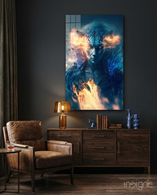 Epic Tiger Glass Wall Art displayed above a dark wood dresser in a styled living room with leather chair and amber lamp.
