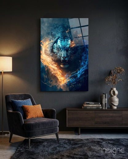 Flaming Anger Glass Wall Art displayed above a dark armchair in a modern living room, showing a tiger with blue and orange fire effects.