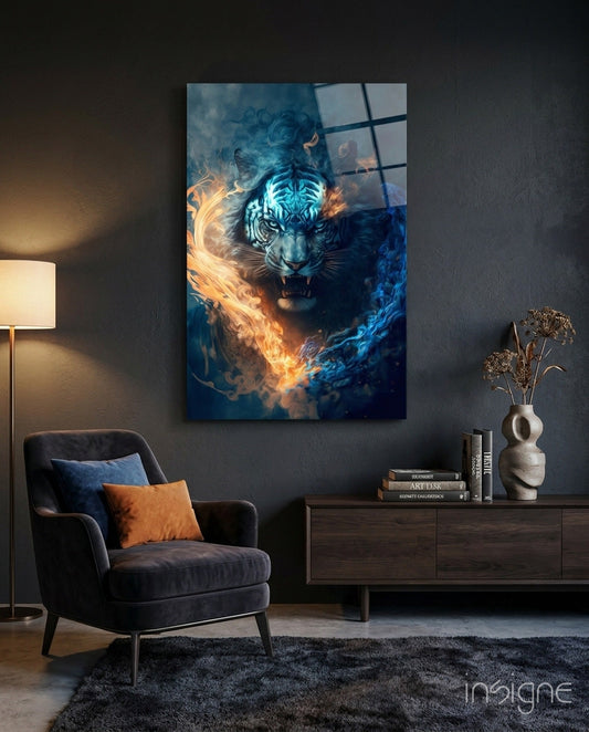 Flaming Anger Glass Wall Art displayed above a dark armchair in a modern living room, showing a tiger with blue and orange fire effects.