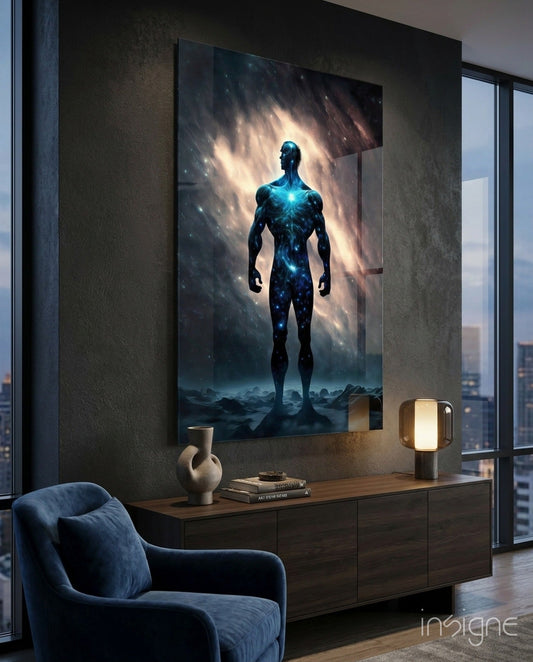 Modern bedroom with blue armchair viewing glowing cosmic figure artwork on dark wall above wooden console table.