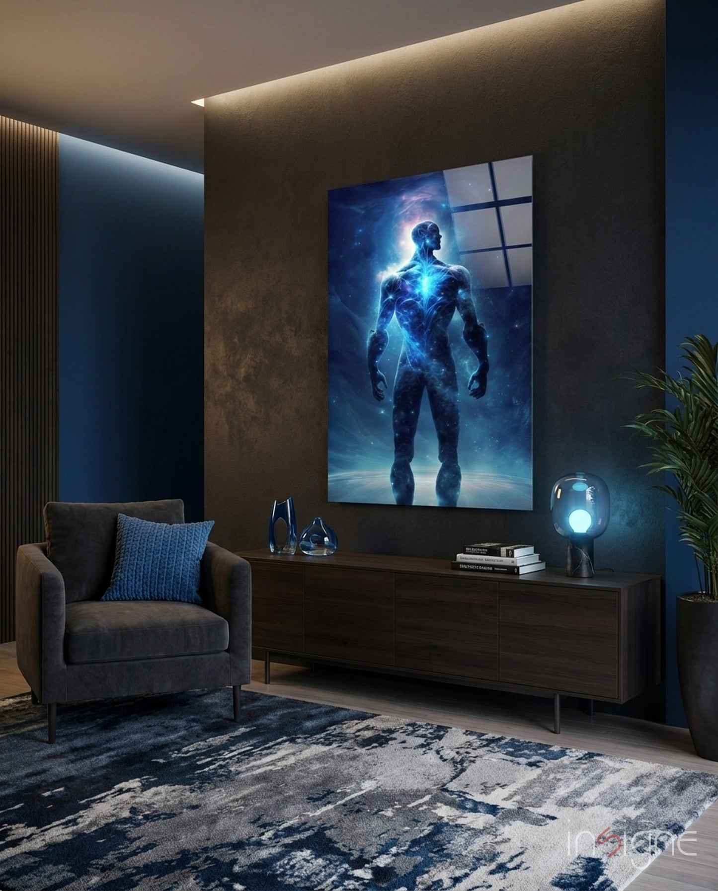 Glowing Blue Cosmic Man Standing Glass Wall Art