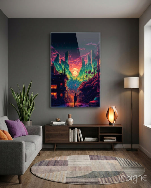 Neon cyberpunk cityscape glass wall art with glowing pink, green, and yellow buildings displayed above a mid-century wooden console in a modern living room.