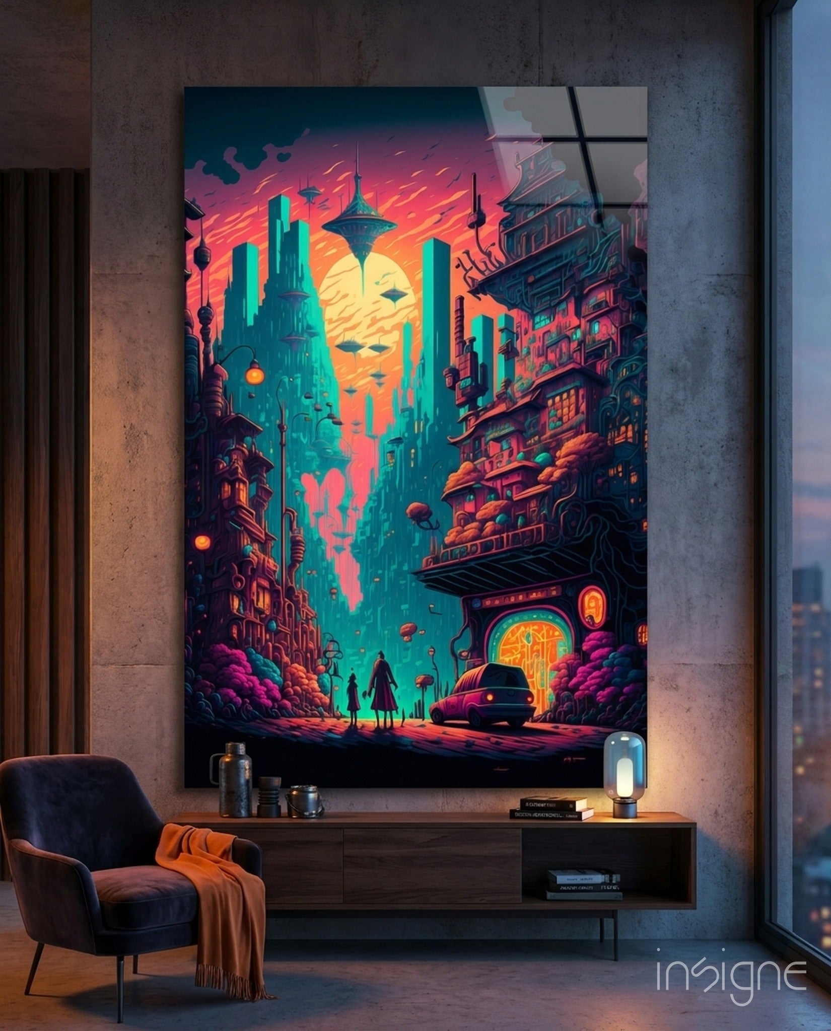 Vibrant neon cyberpunk cityscape glass art displayed above wooden console in modern interior with chair and lamp.