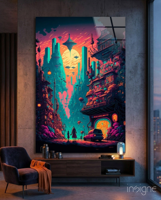 Vibrant neon cyberpunk cityscape glass art displayed above wooden console in modern interior with chair and lamp.