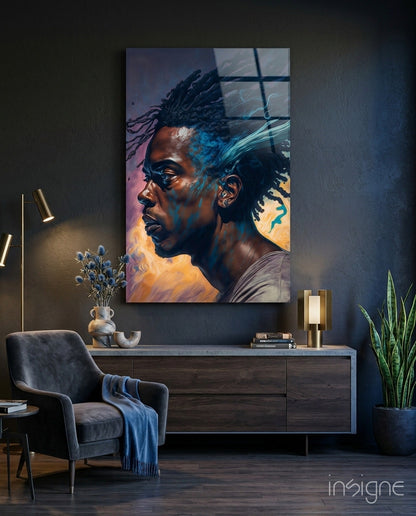 Blue Locs Man Profile On Orange Glass Wall Art