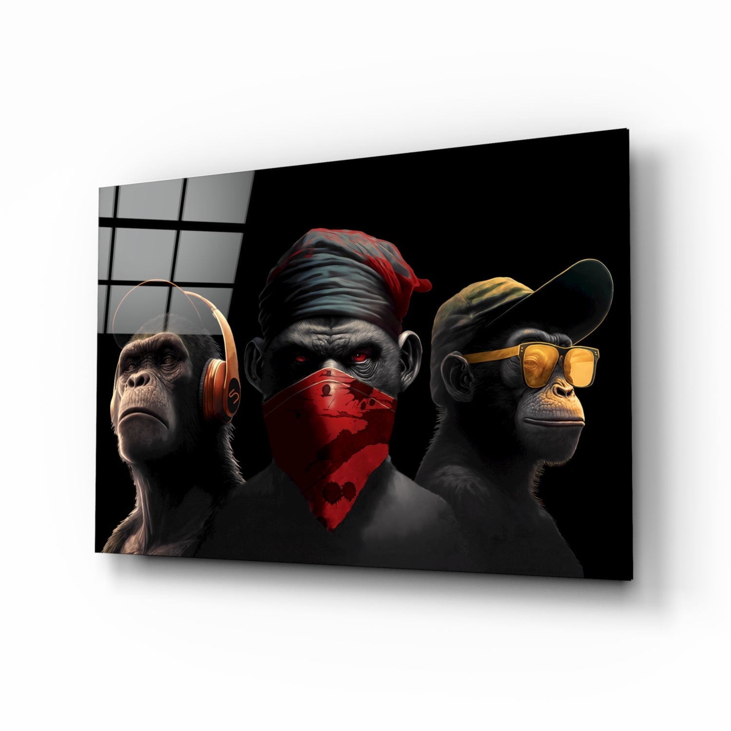 Three stylized black chimpanzees wearing red headwrap and bandana, orange headphones and sunglasses respectively, displayed on black glass panel with window reflection.