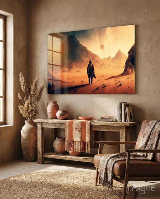 Glass wall art depicting a lone astronaut standing on an orange desert planet with mountains and a sunset sky, displayed above a wooden console in a warm, earth-toned room.