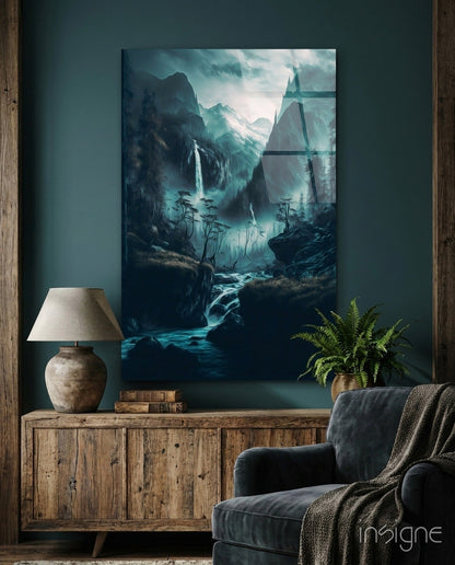 Teal Valley Twin Waterfalls Cliffs Glass Wall Art