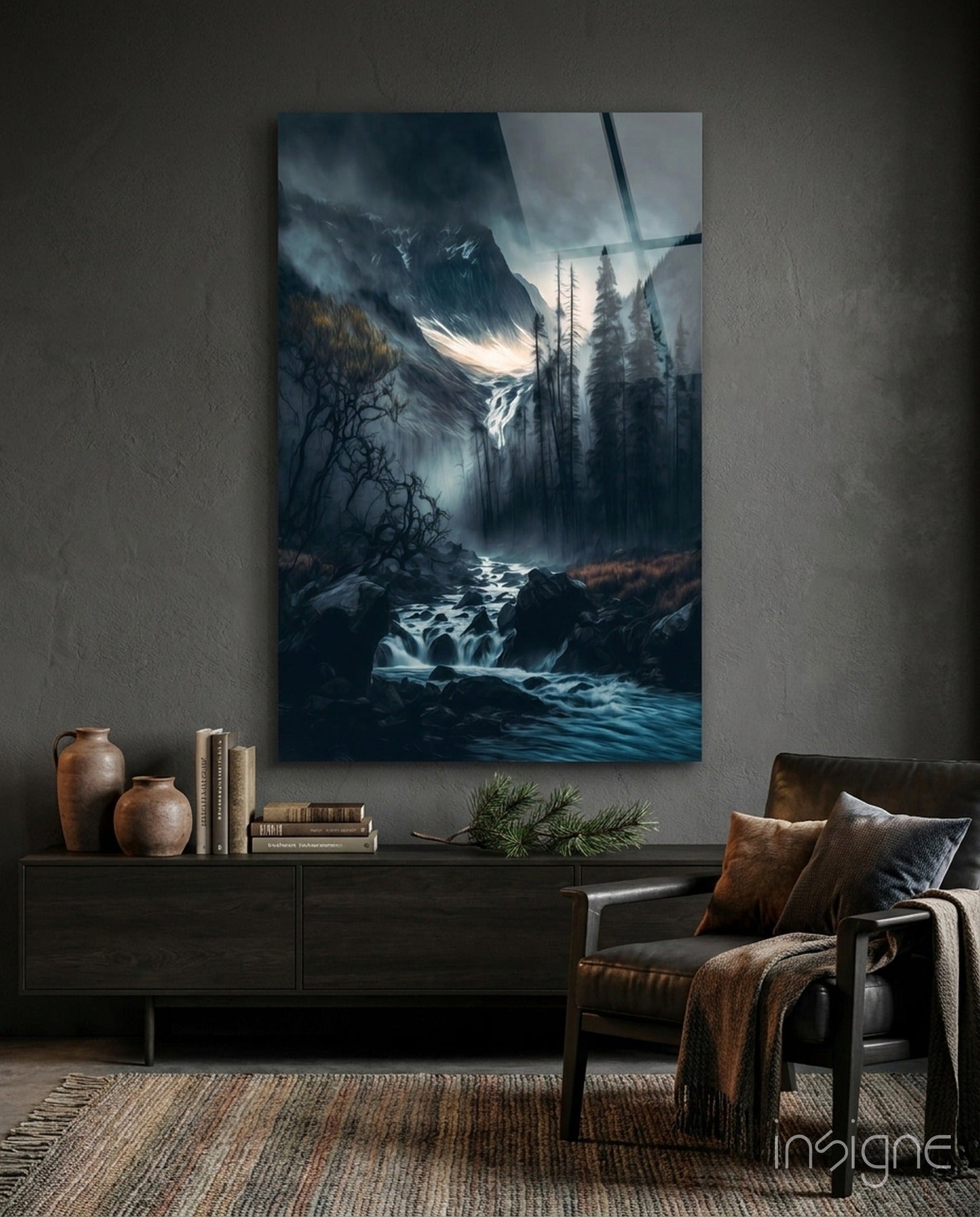Dusk Gorge Misty Pines Rapids Glass Wall Art
