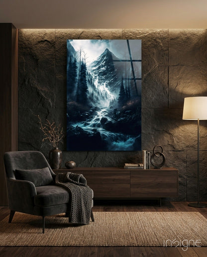 Misty Blue Peak Waterfall Forest Glass Wall Art
