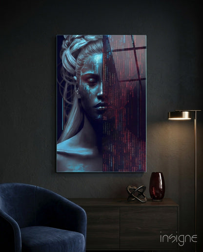 Modern living room displaying illuminated glass wall art featuring a digital portrait of a woman's face in blue and red tones with code overlay.