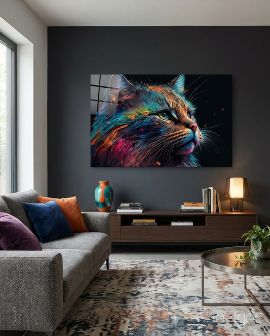 Colorful cat glass wall art displayed above a wooden media console in a modern living room with gray sofa and warm lighting.