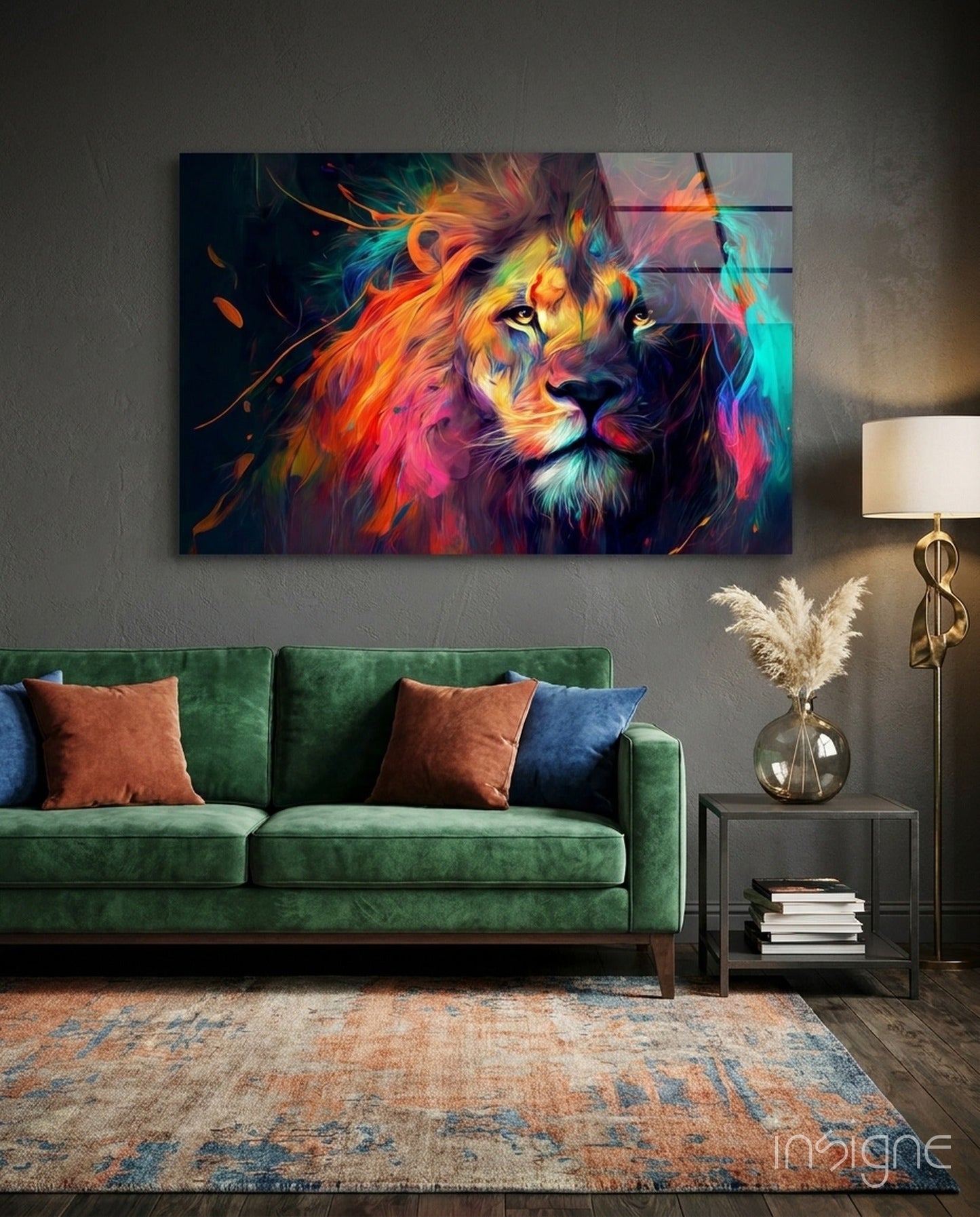 Sunset Orange Flowing Mane Lion Glass Wall Art
