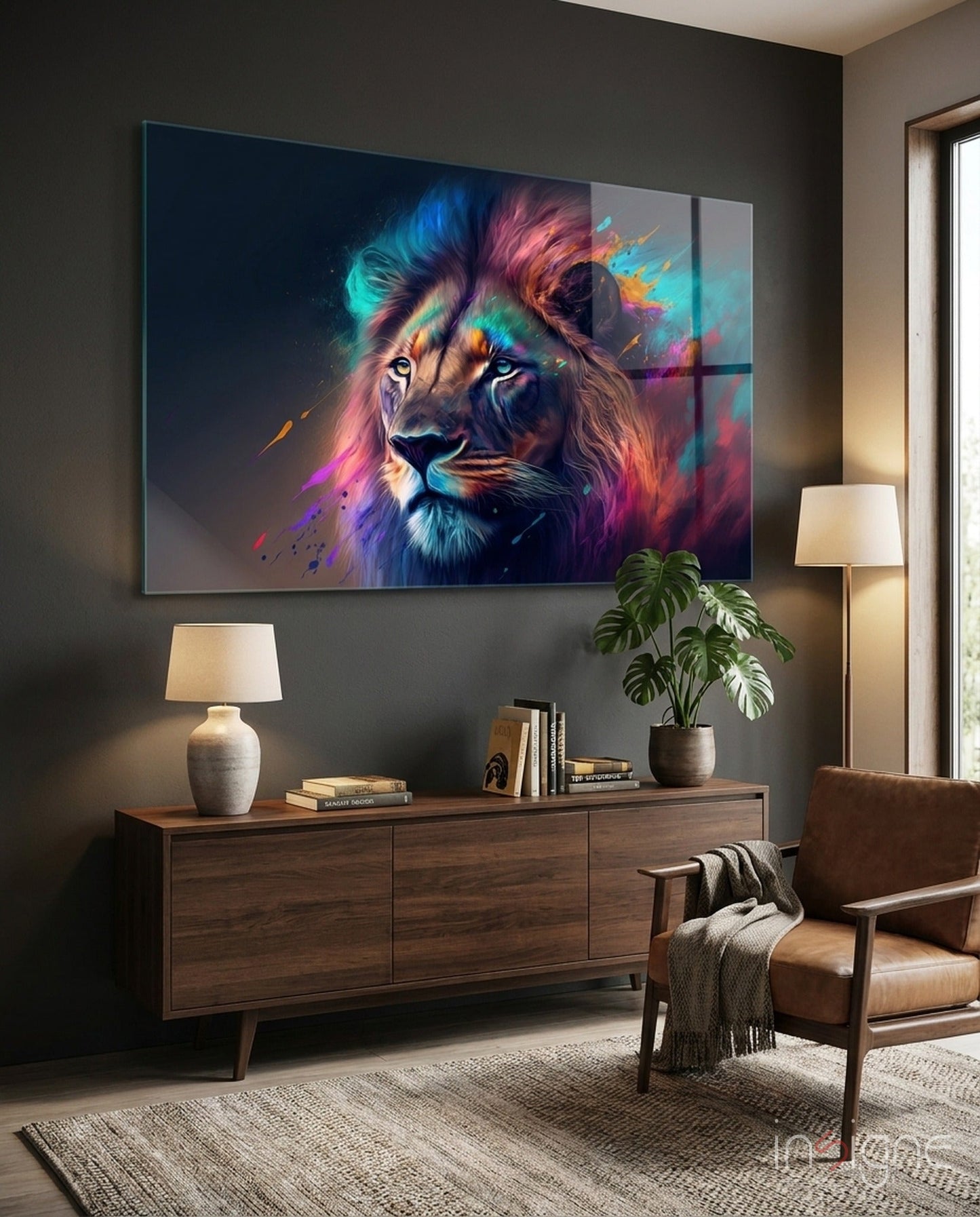 Violet Teal Mist Regal Lion Face Glass Wall Art