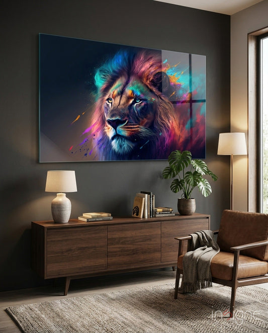 Colorful abstract lion portrait glass wall art displayed above wooden dresser in modern living room setting.